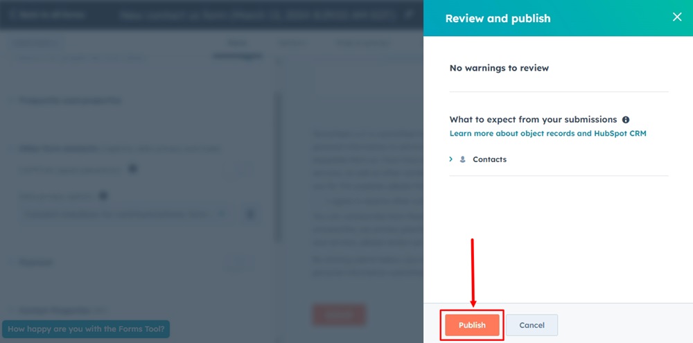 TermsFeed HubSpot - Forms - Edit form - form elements - data privacy options - Consent checkbox for communications - Updated - Review - Publish