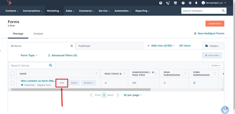 TermsFeed HubSpot - Forms - Edit form highlighted