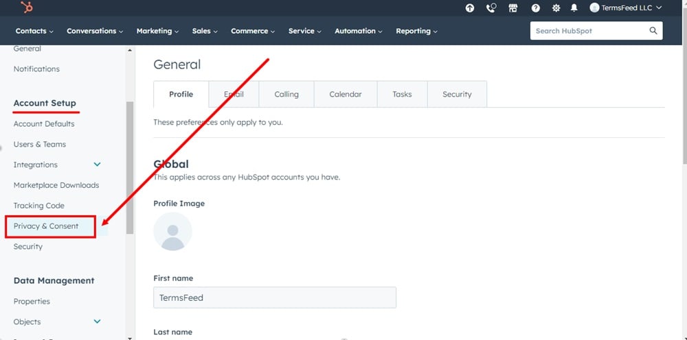 TermsFeed HubSpot - Settings - Account Setup - Privacy and Consent