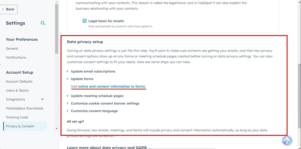 TermsFeed HubSpot - Settings - Data Privacy tab - Turn ON settings - Saved - The setup list shown - Update forms highlighted