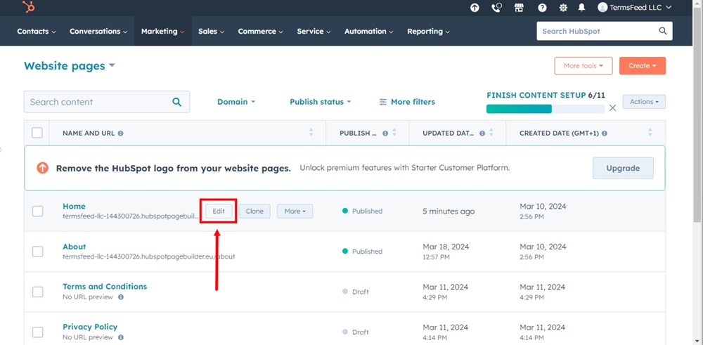 TermsFeed HubSpot - Website Pages - Home page - Edit highlighted