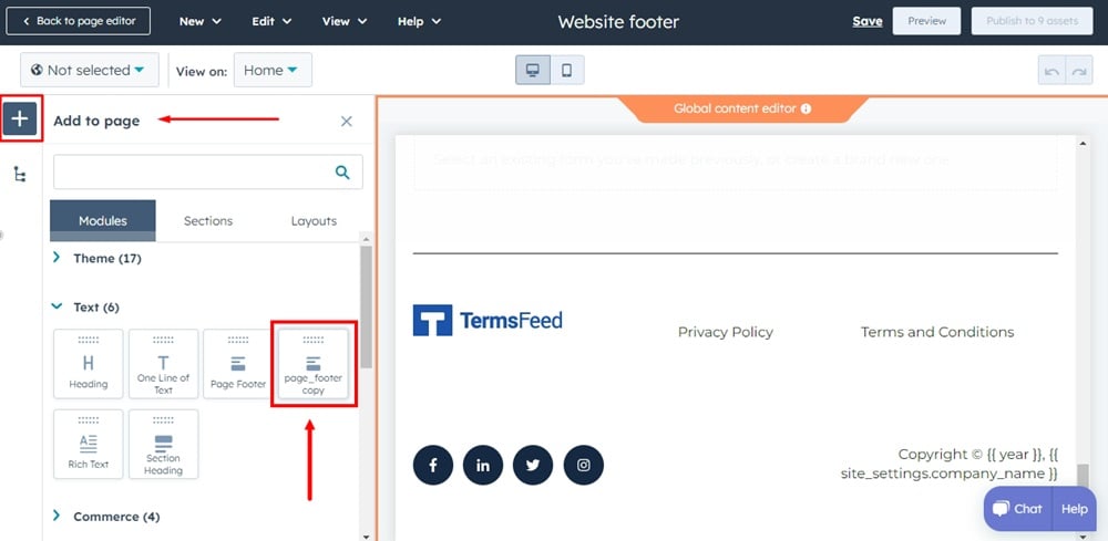 TermsFeed HubSpot - Website Pages - Home page - Edit - Footer - Open global content editor - Add new module - footer page copy - drag and drop highlighted