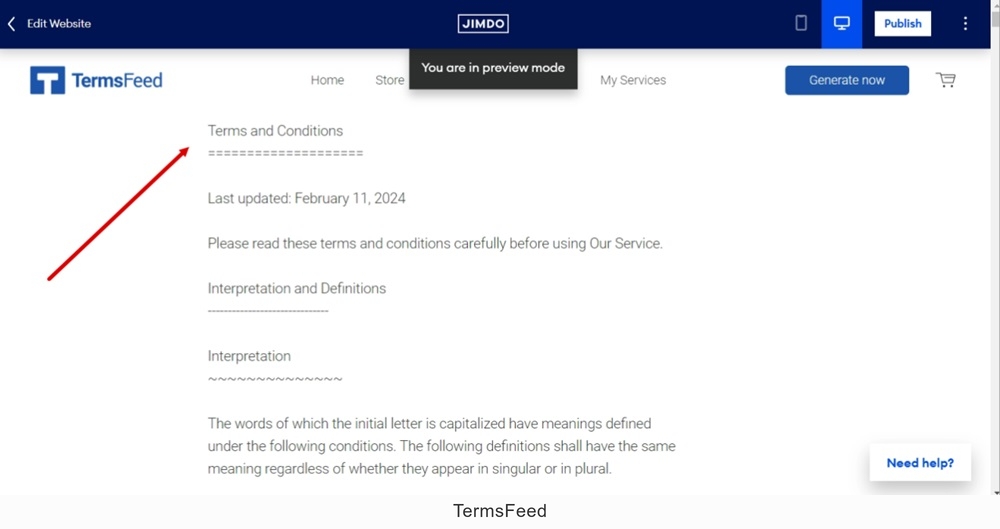 TermsFeed Jimdo - Terms and Conditions page with updated text displayed on the preview