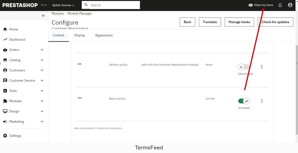 TermsFeed PrestaShop - Customer reassurance - Configured - Return Policy enabled - View my store