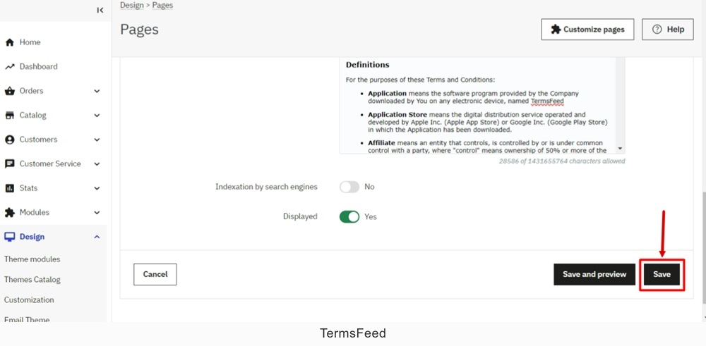 TermsFeed PrestaShop - Design - Pages - Terms and Conditions - content - source code - pasted - OK - save