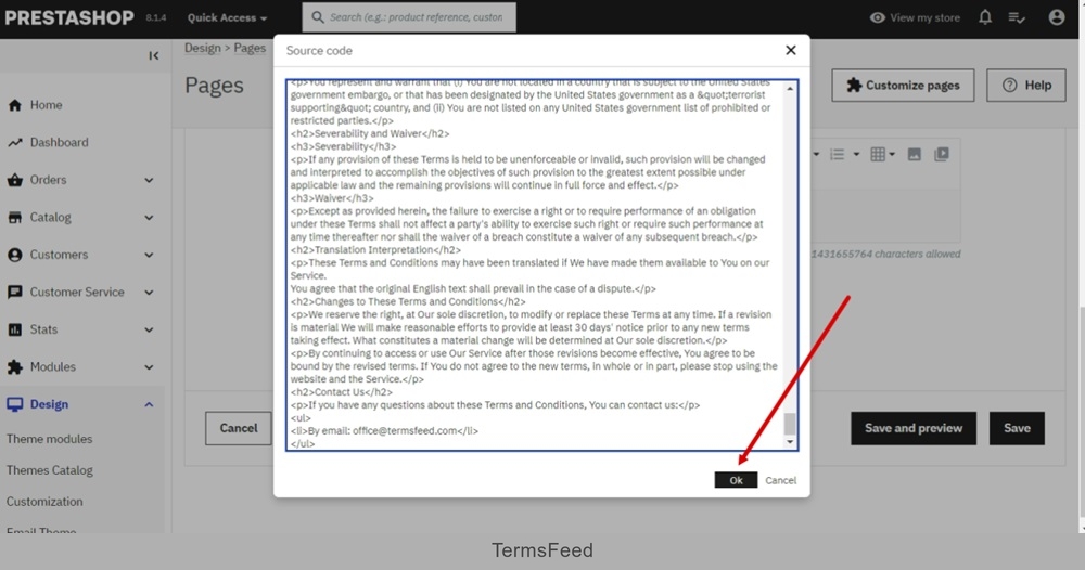 TermsFeed PrestaShop - Design - Pages - Terms and Conditions - content - source code - pasted - OK