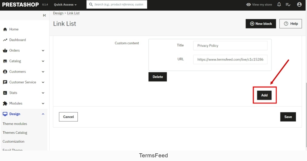 TermsFeed PrestaShop - Link List - Custom content - Add