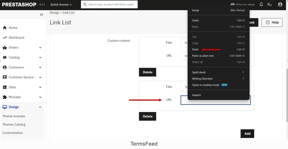 TermsFeed PrestaShop - Link List - Edit - Custom content - Terms and Conditions URL paste