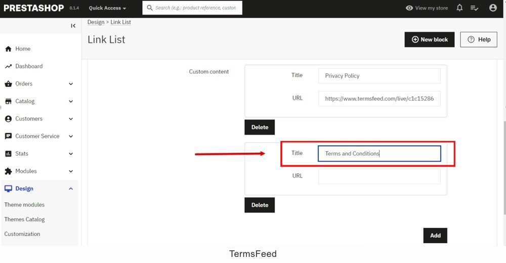 TermsFeed PrestaShop - Link List - Edit - Custom content - title - Terms and Conditions