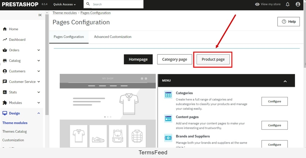 TermsFeed PrestaShop - Manage modules - Product page selected