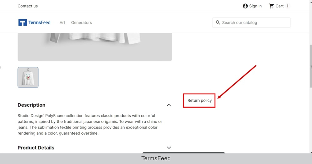 TermsFeed PrestaShop - View my store - Product page - The Return Policy enabled - is linked and displayed