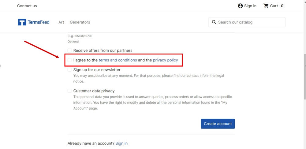 TermsFeed PrestaShop - View my store - I agree checkbox with accept terms and privacy displayed before the create account button