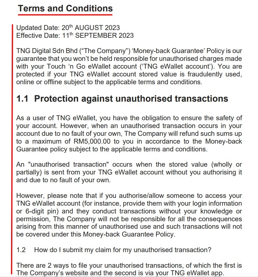 Touch n Go Terms and Conditions excerpt