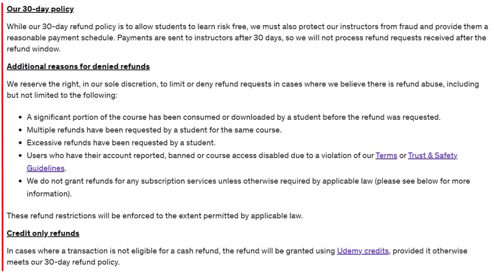 Udemy Refund Policy excerpt