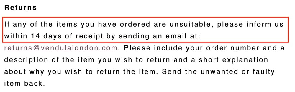 Vendula London Terms and Conditions Returns clause