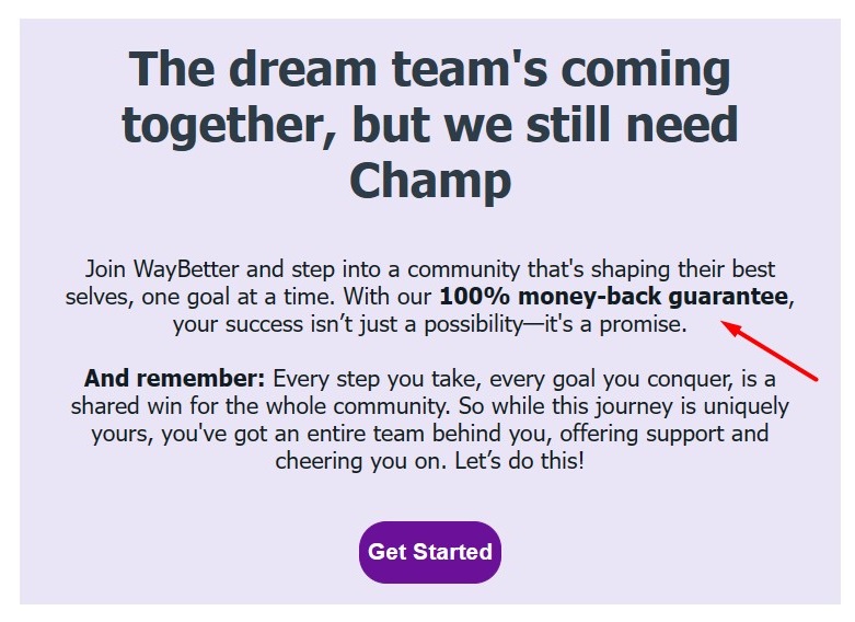 WayBetter marketing email with money back guarantee highlighted