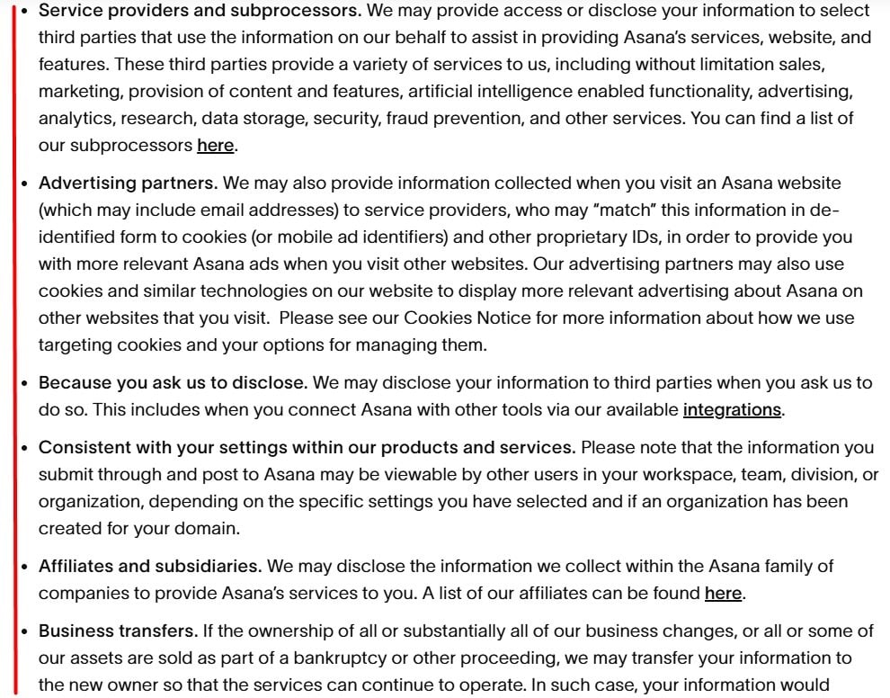 Asana Privacy Statement: Third parties clause