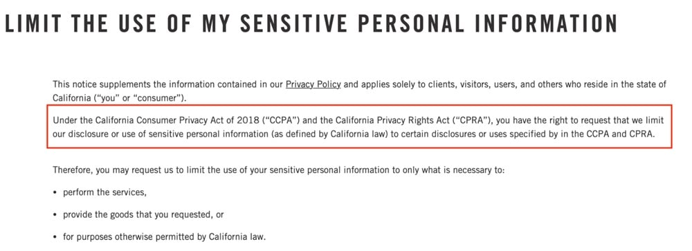 BRP Limit Use of Sensitive Personal Information notice