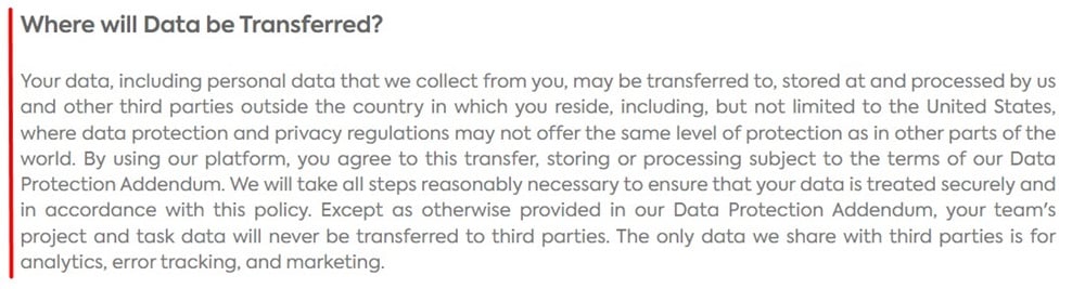 ClickUp Privacy Policy: Data transferred clause