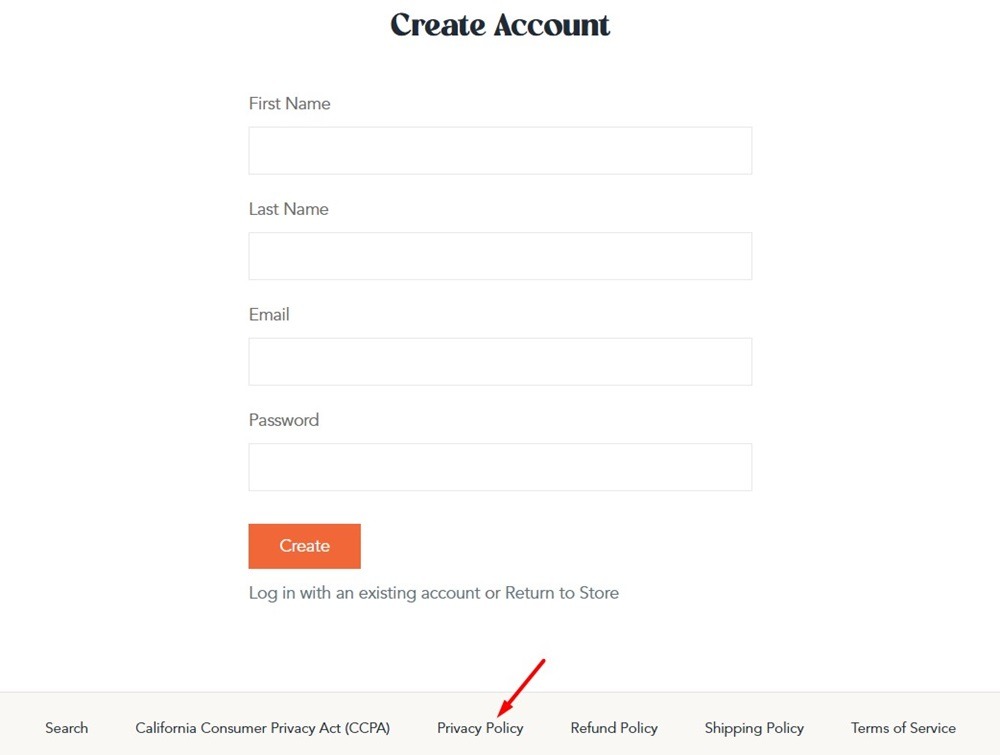 Screenshot of Create Account form with Privacy Policy link highlighted