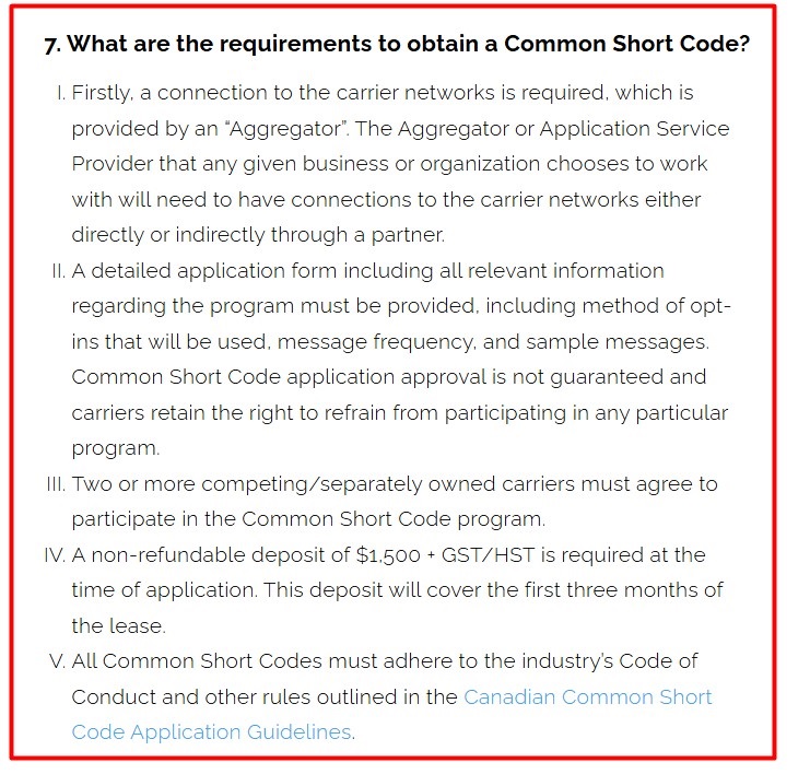 CTA requirements to obtain common short code