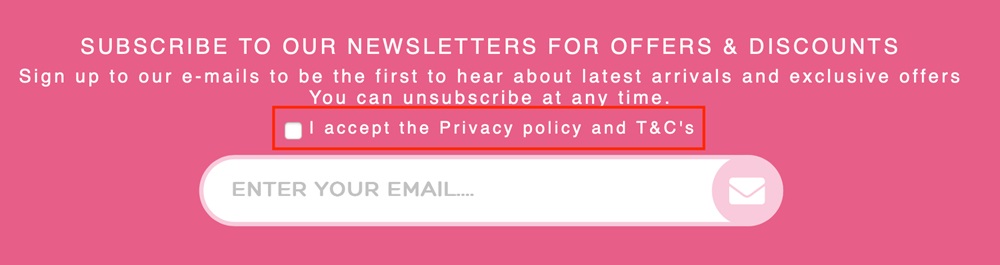 Generic example of subscribe to email newsletter form with Agree checkbox highlighted