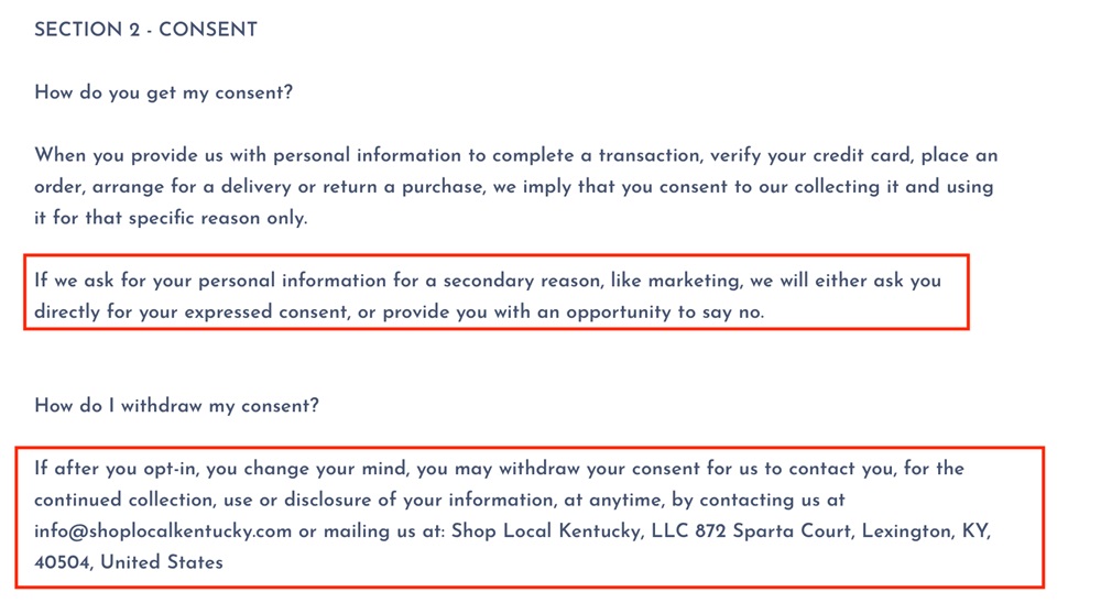 Kentucky Shop Privacy Policy: Consent clause