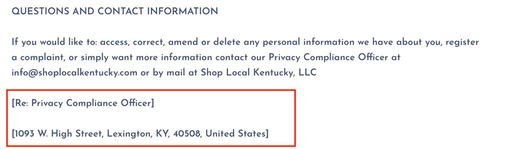 Kentucky Shop Privacy Policy: Contact clause