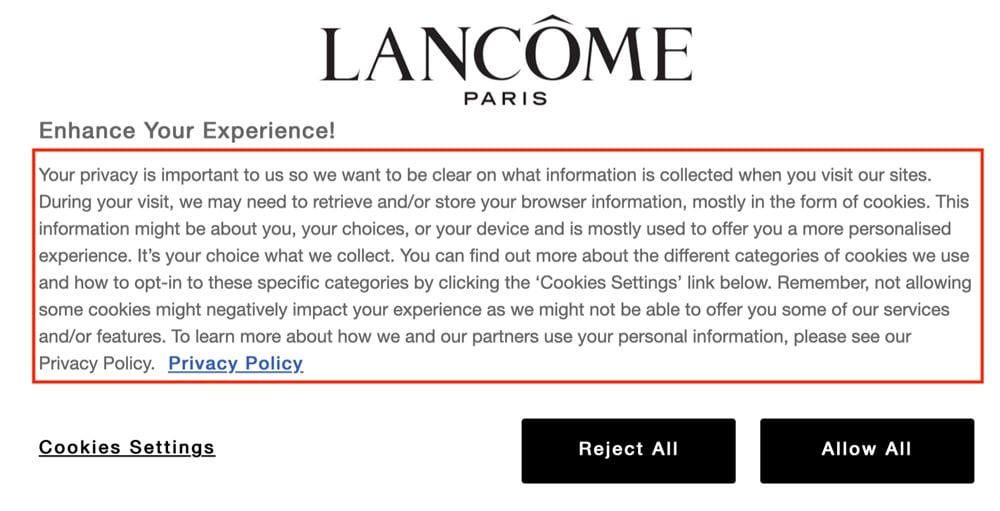 Lancome cookie consent notice