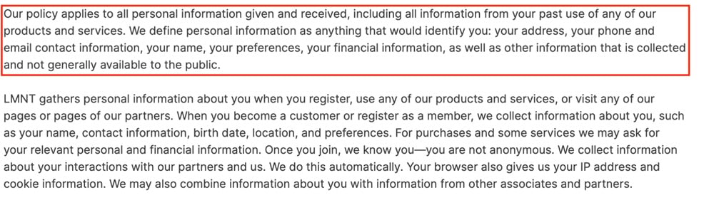 LMNT Privacy Policy: Definition of personal information