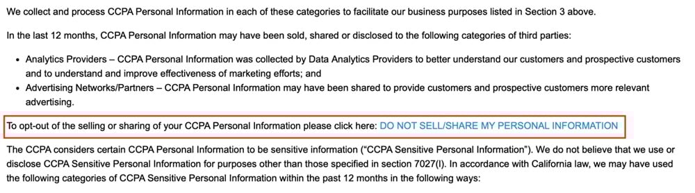 Newell Brands Privacy Notice: Opt out of selling and sharing personal information excerpt