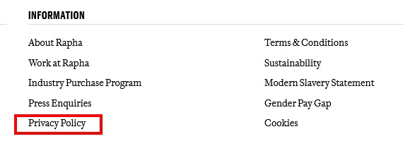 Rapha website footer with Privacy Policy link highlighted
