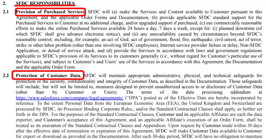 Salesforce MSA: Responsibilities clause excerpt