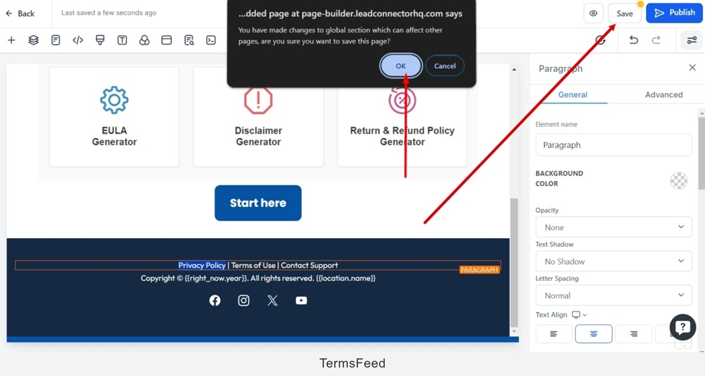 TermsFeed Modern - Home page - Edit - Footer section with Privacy Policy link added - Save - OK - confirm global changes