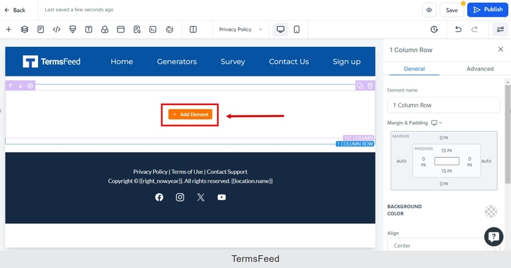TermsFeed Modern - Privacy Policy - Edit with Add row - 1 column - Add element button selected