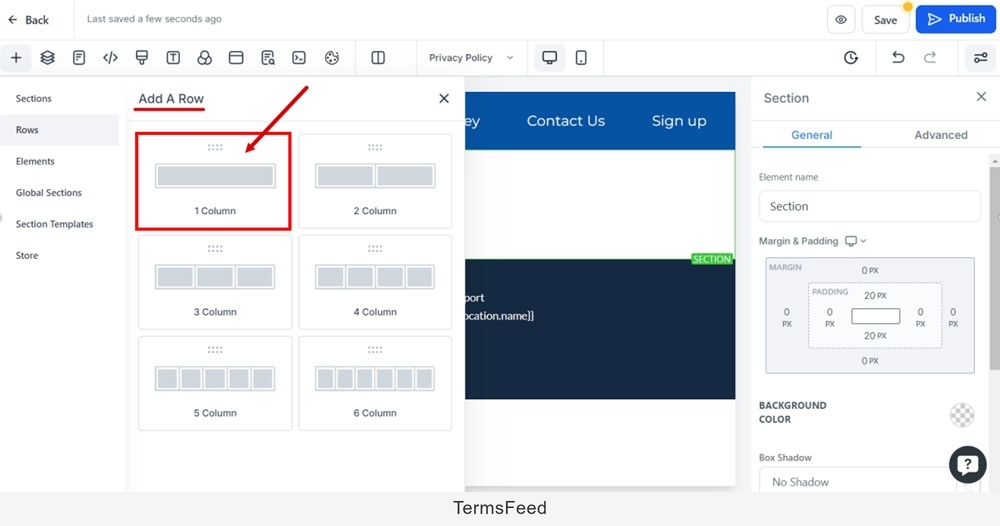 TermsFeed Modern - Privacy Policy - Edit with Add row - 1 column selected