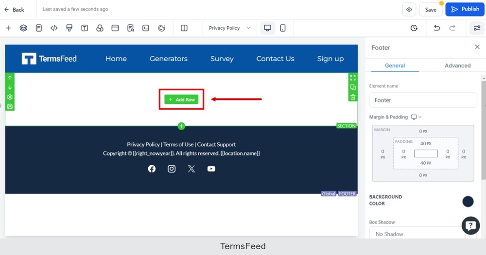 TermsFeed Modern - Privacy Policy - Edit with Add row button highlighted