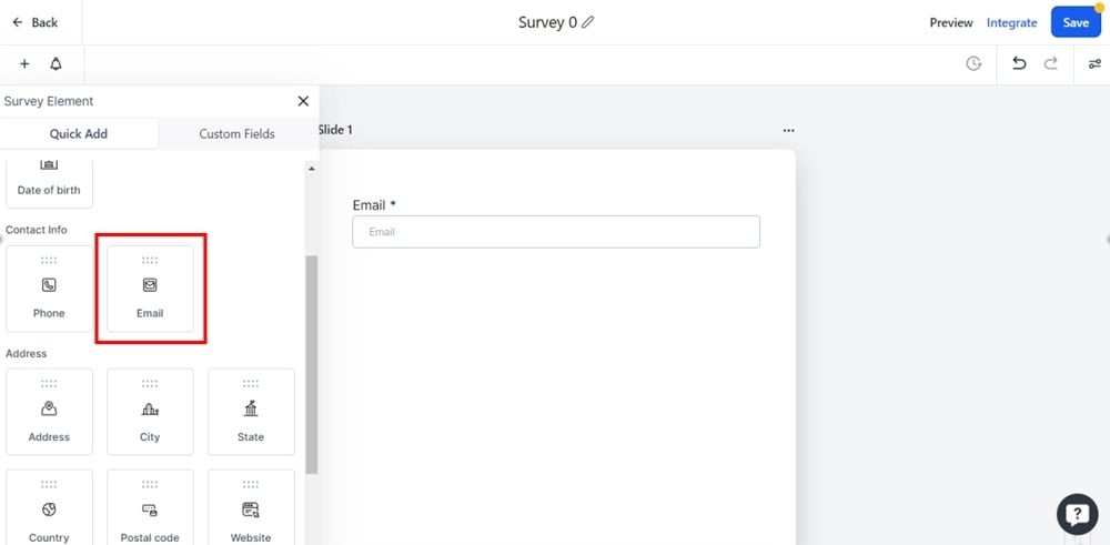 TermsFeed Modern - Surveys - Builder - Add elements opened - The Email element added selected