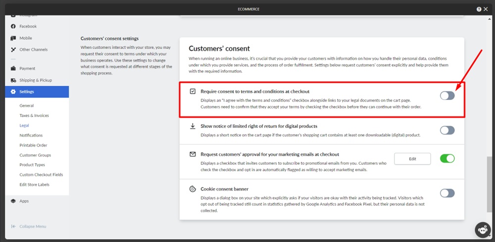 TermsFeed Ucraft - eCommerce - Settings - Customer's consent - Require consent to terms and conditions at checkout highlighted