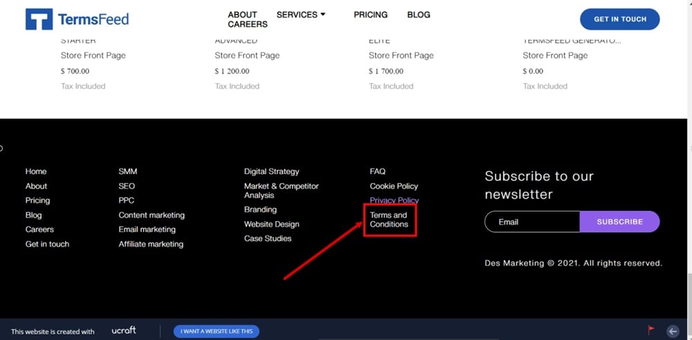TermsFeed Ucraft - Live website - Reloaded - Footer with the Terms and Conditions page linked and displayed highlighted