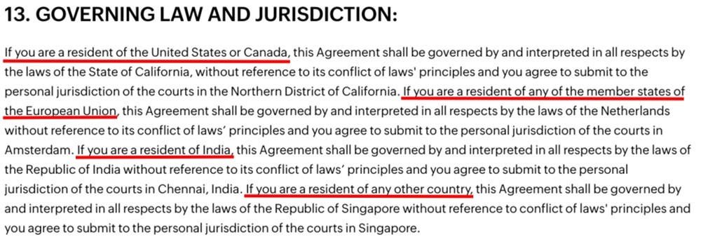 Zoho EULA: Governing Law and Jurisdiction clause