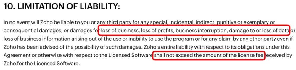 Zoho EULA: Limitation on liability clause