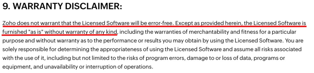 Zoho EULA: Warranty Disclaimer clause