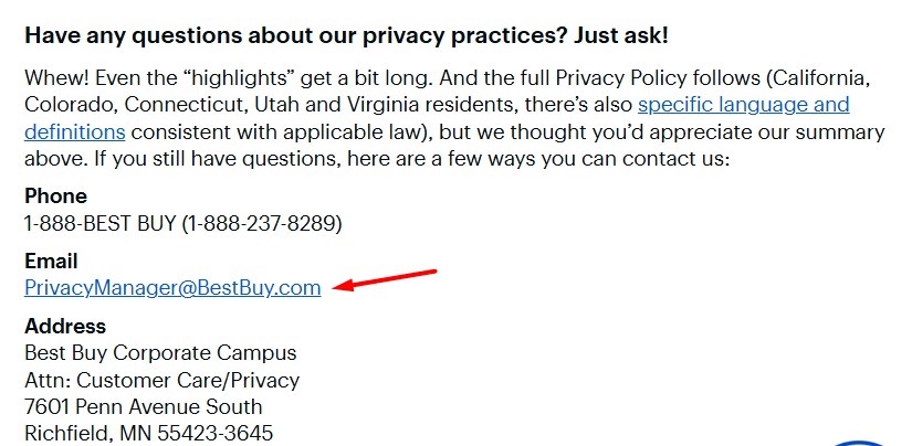 Best Buy Privacy Policy: Contact clause