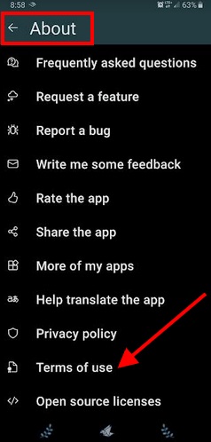 Generic mobile app About menu with Terms link highlighted