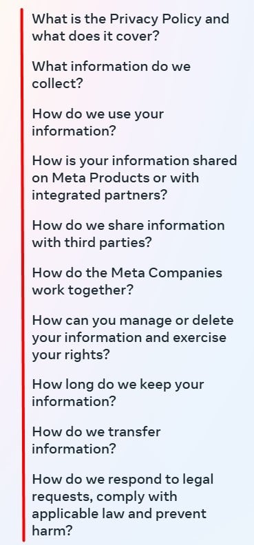 Meta Privacy Policy Table of Contents