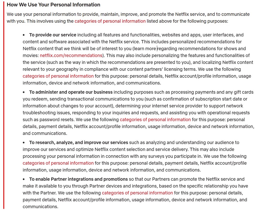 Netflix Privacy Statement: How we use personal information clause excerpt
