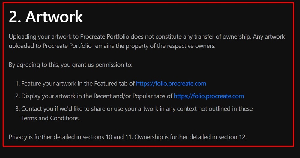 Procreate Terms and Conditions: Artwork clause