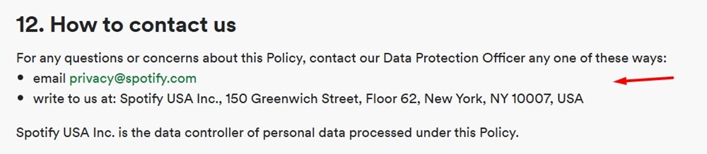 Spotify Privacy Policy: Contact clause - Updated for 2024