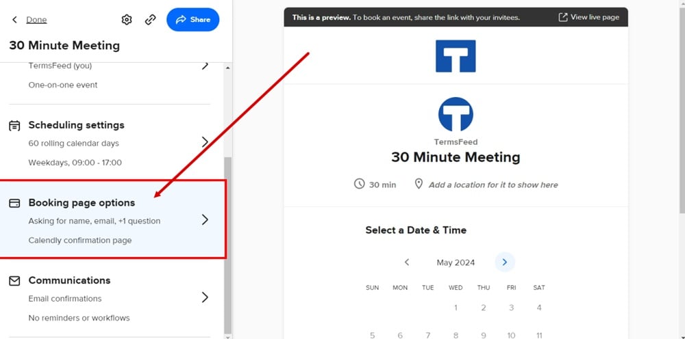TermsFeed Calendly - Event Types - Edit Event - Open Booking page options